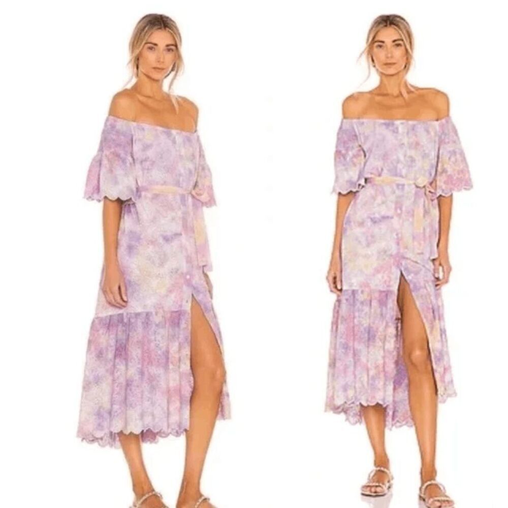 New! Sundress Sandra Eyelet Tie Dye Dress Front Slit Tie Pink Purple One Size